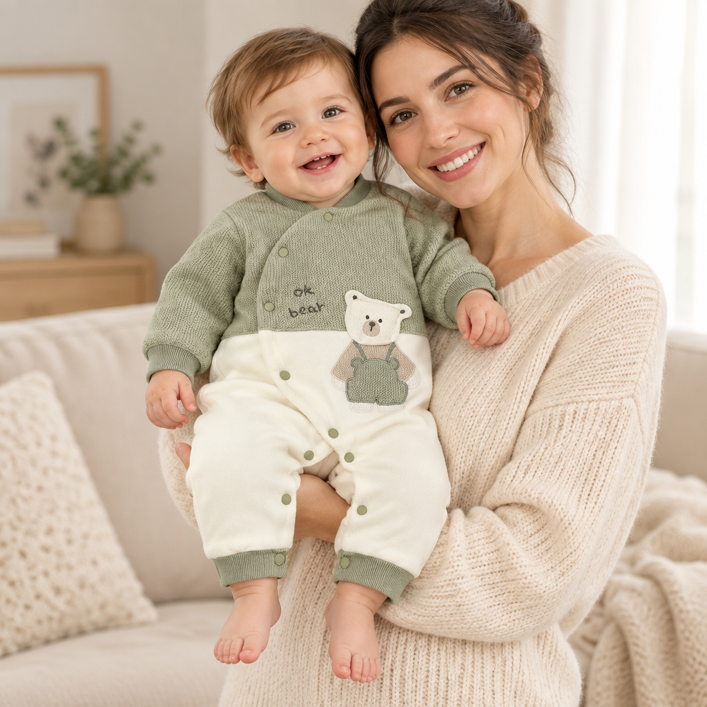 Bébé garçon porté par sa maman, tous deux souriants, pyjama vert ok bear