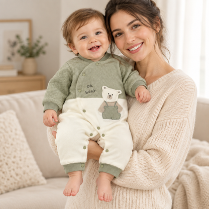 Bébé garçon porté par sa maman, tous deux souriants, pyjama vert ok bear