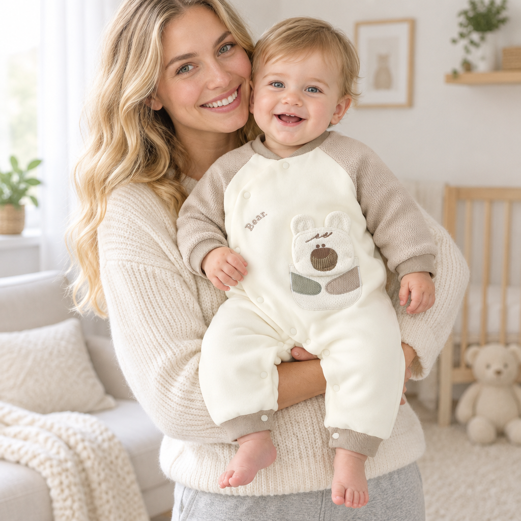 Bébé garçon porté par une maman blonde, pyjama Bear crème/beige