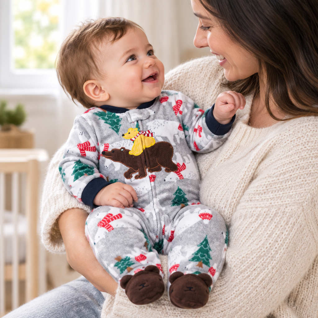 Bébé garçon souriant avec sa maman, pyjama gris ours polaire