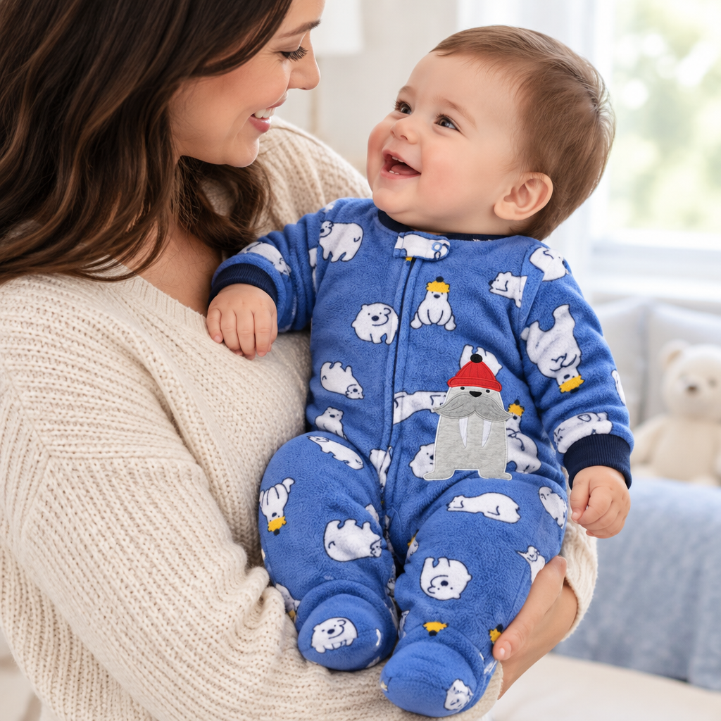 Bébé garçon souriant avec sa maman, pyjama ourson polaire bleu