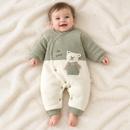 Bébé garçon souriant en pyjama vert ok bear