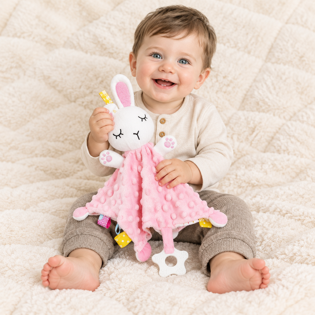 Bébé garçon souriant naturellement, assis avec le doudou, tissu texturé