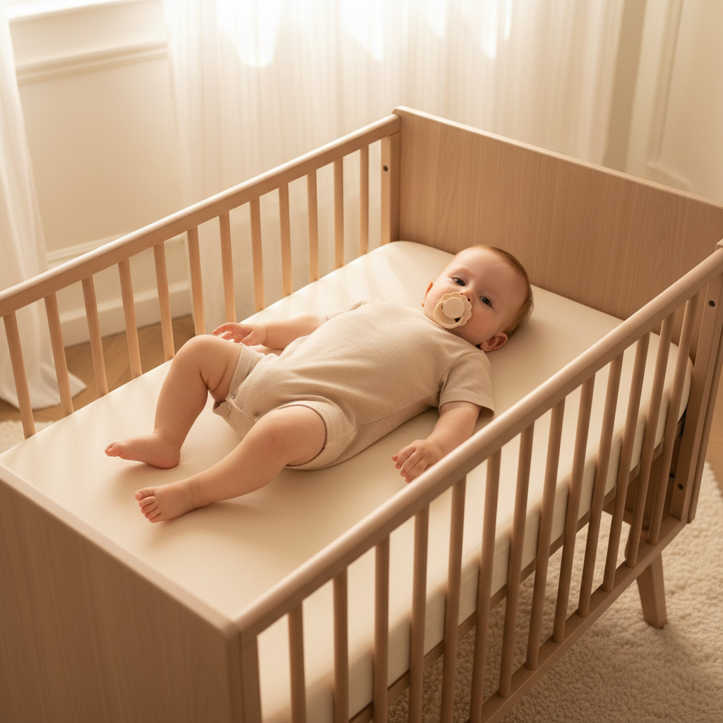 Bébé garçon éveillé avec tétine beige dans son lit