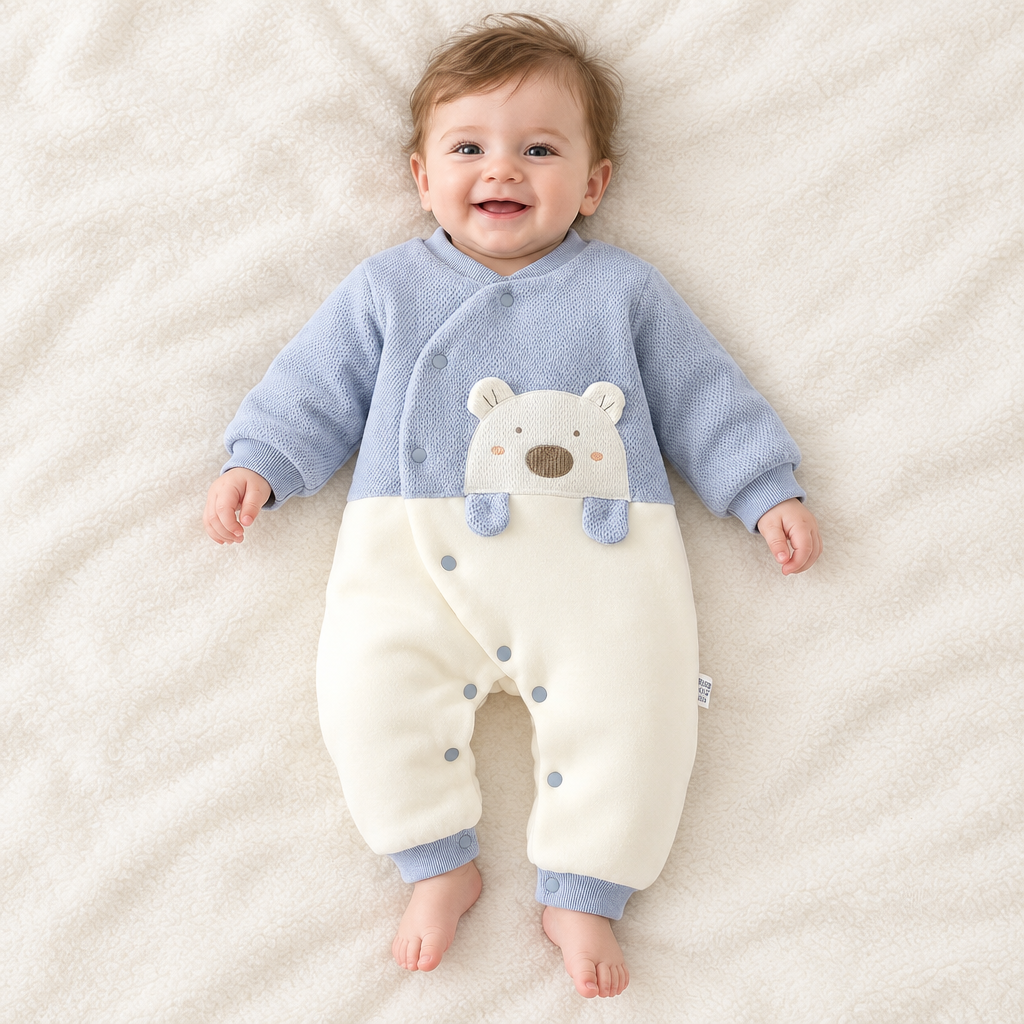 Bébé garçon éveillé et souriant, pyjama bleu ourson