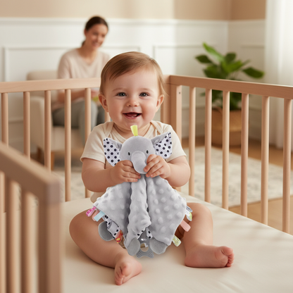 Bébé jouant avec le doudou éléphant gris