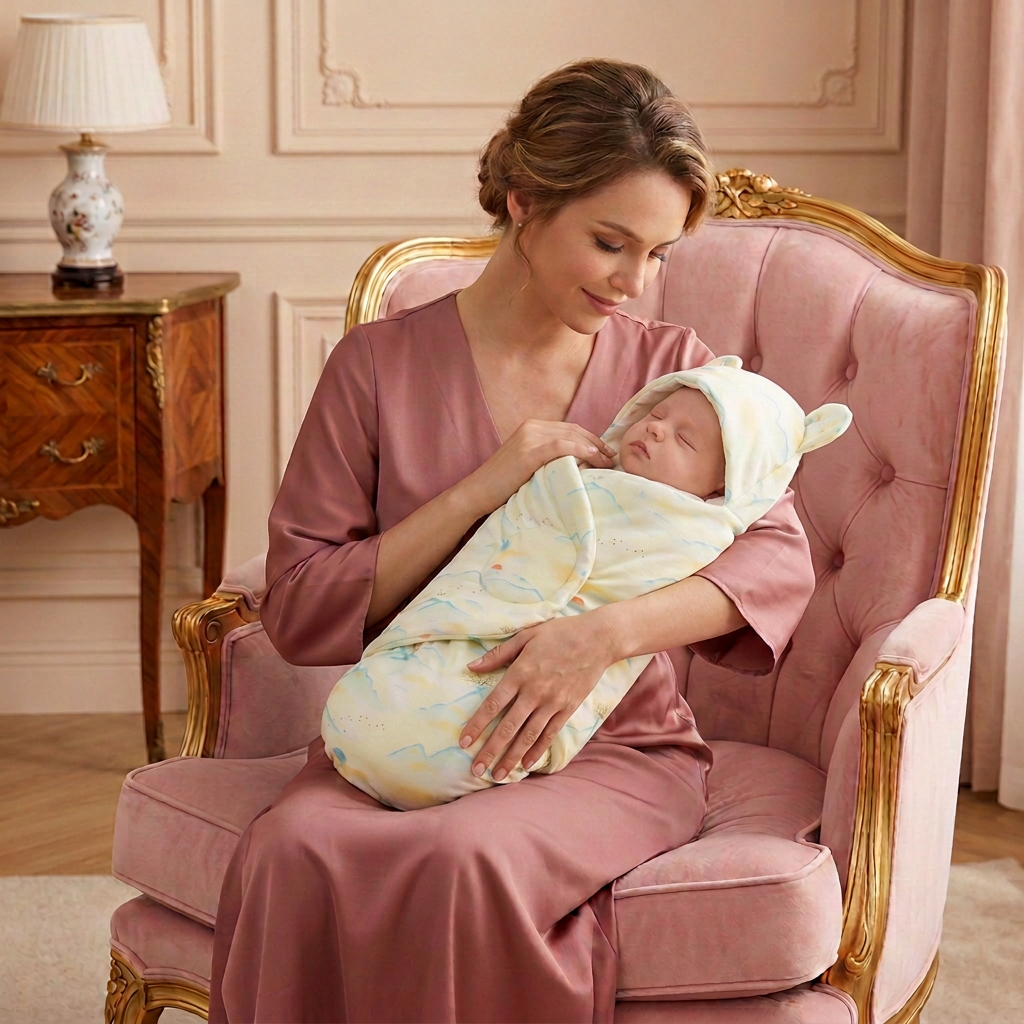 Bébé porté par maman avec les mains à l’intérieur du nid d’ange