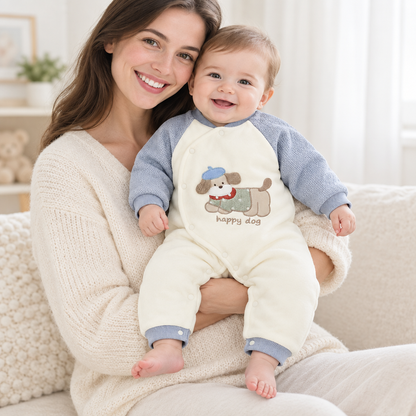 Bébé porté par sa maman, pyjama happy dog