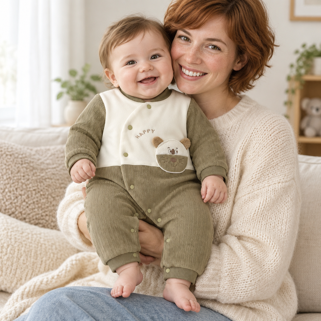 Bébé porté par une maman rousse, pyjama koala kaki HAPPY