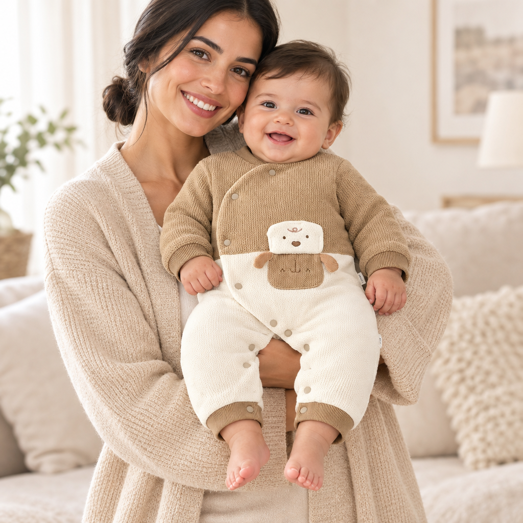 Bébé porté par une nouvelle maman, pyjama camel chien