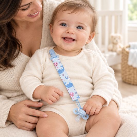 Bébé souriant avec l’attache-tétine bleue à baleines