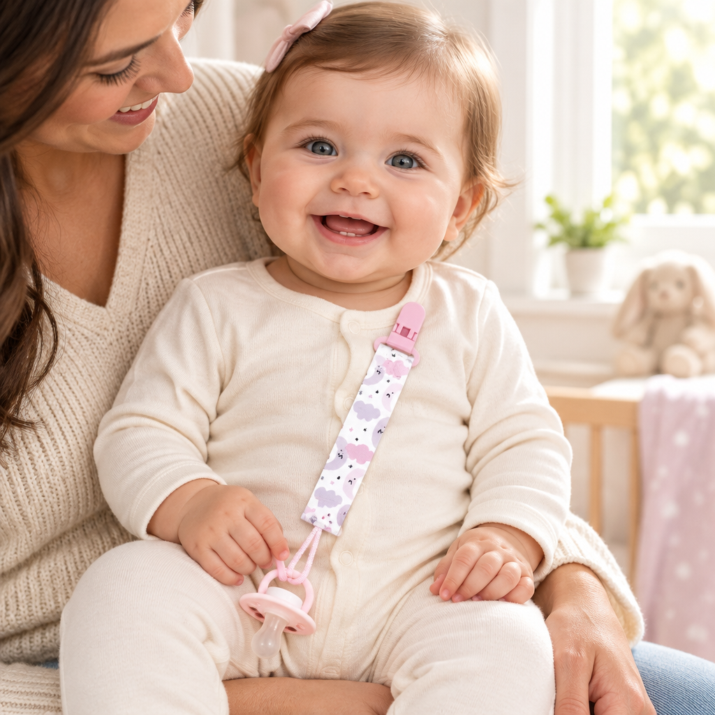 Bébé souriant avec l’attache-tétine rose et mauve