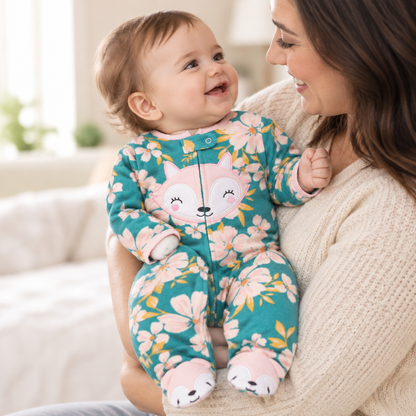 Bébé souriant avec sa maman, pyjama fleuri turquoise