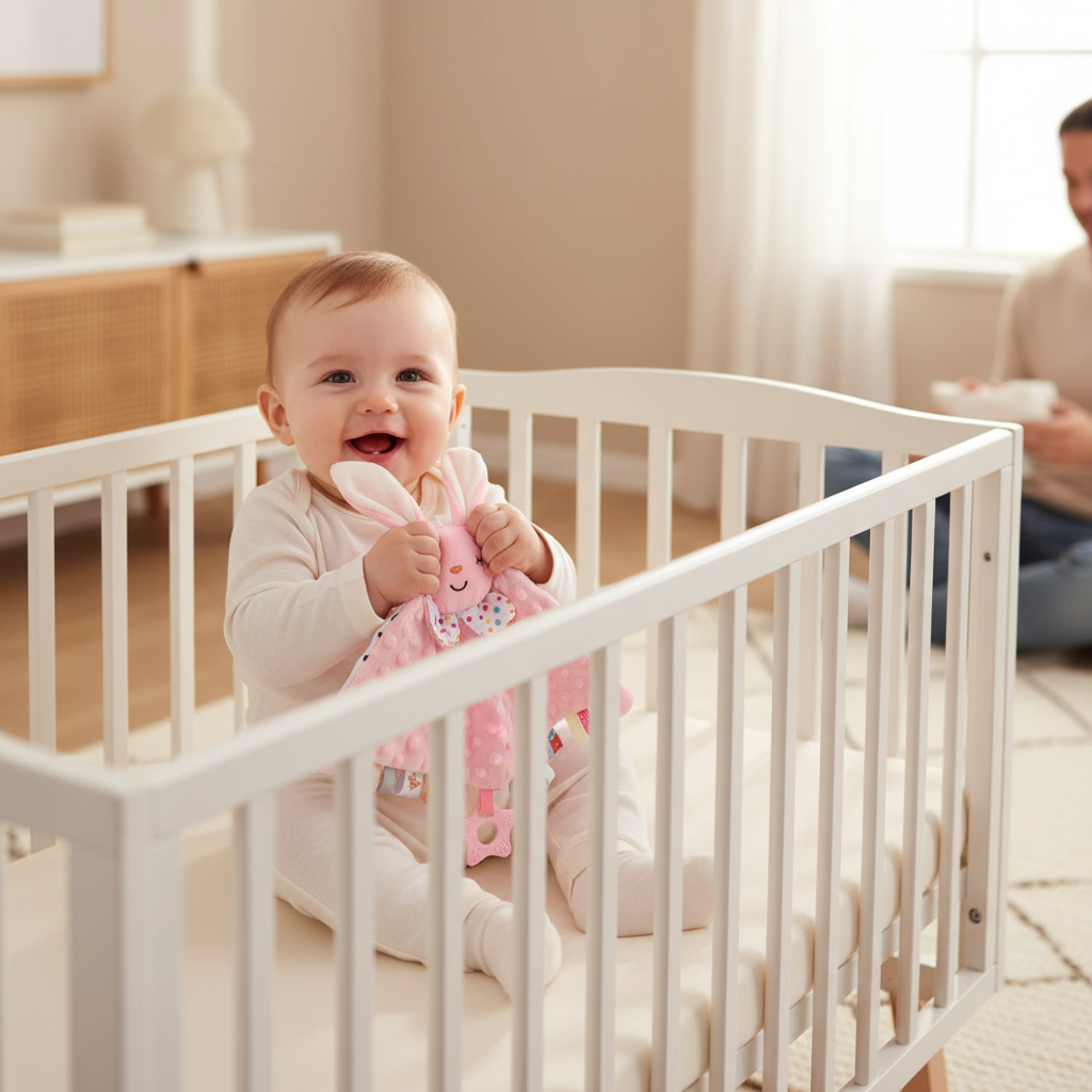Bébé souriant jouant avec le doudou