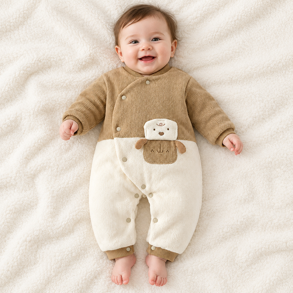 Bébé souriant, pyjama camel chien