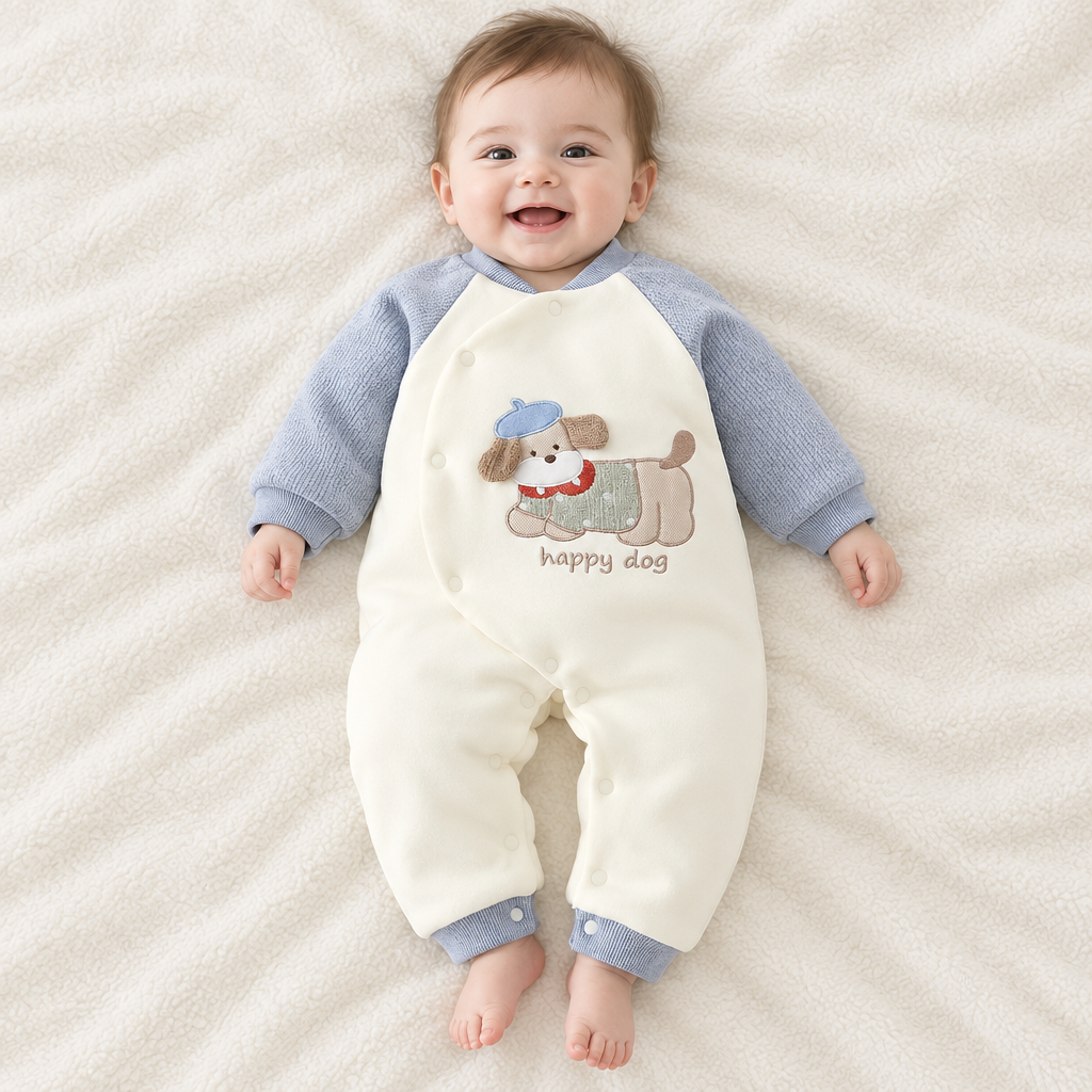 Bébé souriant, pyjama happy dog
