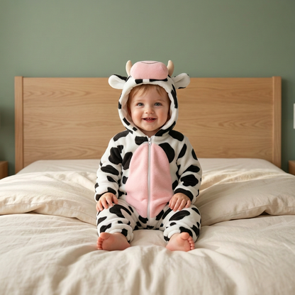 Bébé éveillé en pyjama vache sur le lit sans oreillers