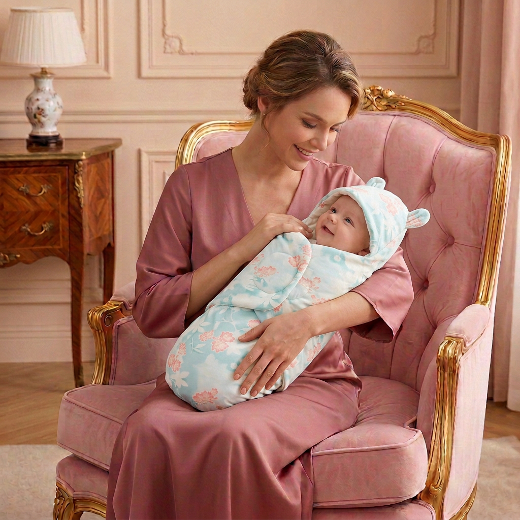 Bébé éveillé souriant à maman dans le nid d’ange fleuri