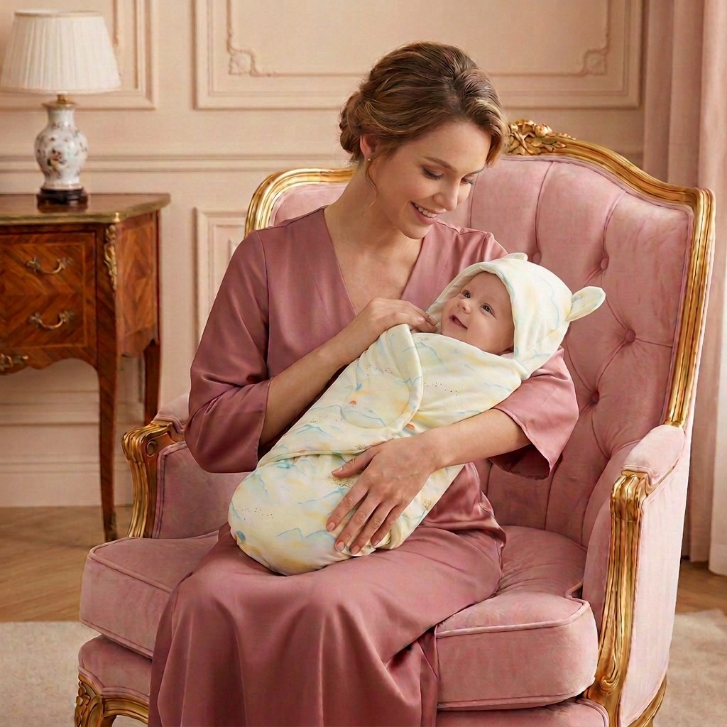 Bébé éveillé souriant à sa maman, les mains à l’intérieur du nid d’ange