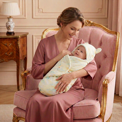 Bébé éveillé souriant à sa maman, les mains à l’intérieur du nid d’ange