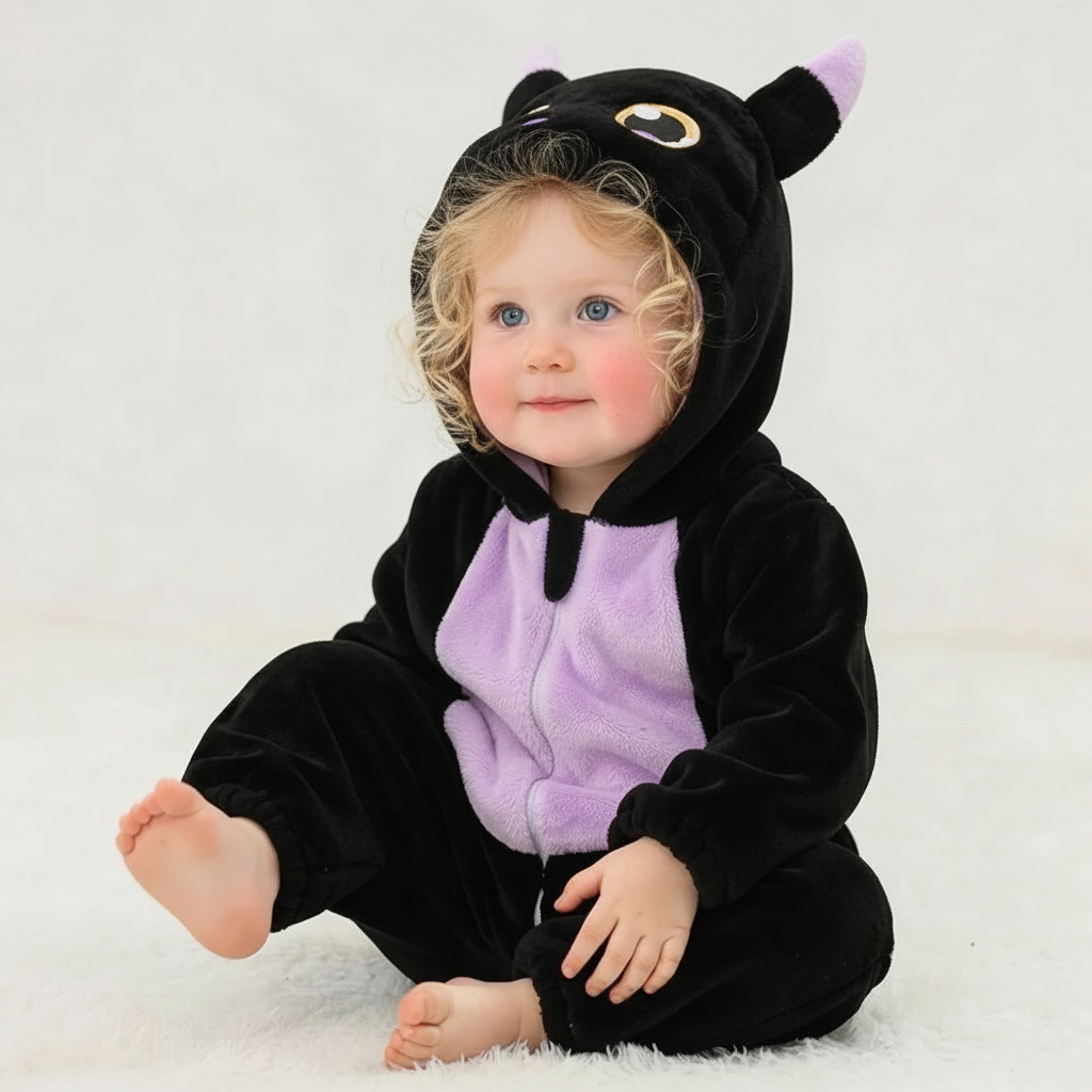 Chat noir violet – fille blonde – assise – 1:1