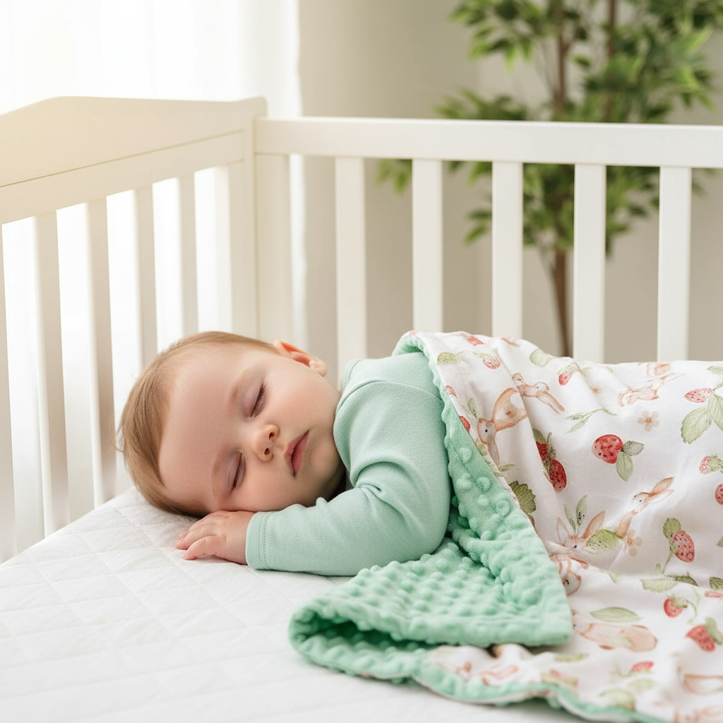 Couverture minky lapins fraises vert – bébé garçon – 1:1