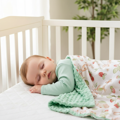 Couverture minky lapins fraises vert – bébé garçon – 1:1