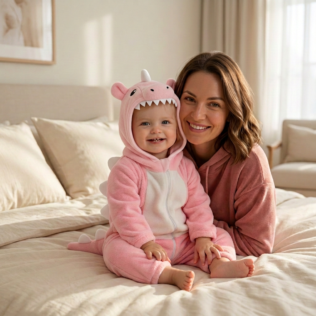 Dinosaure rose avec dents blanches et maman en rose
