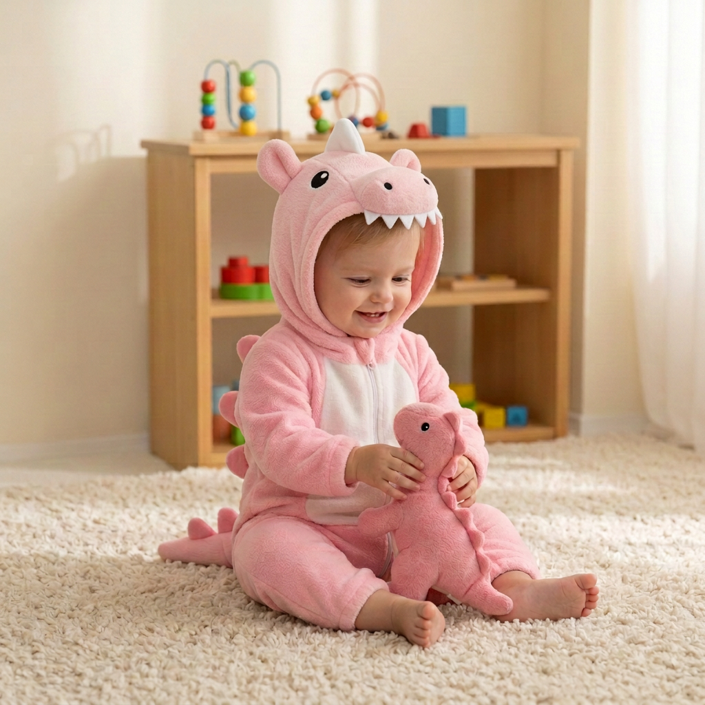 Dinosaure rose avec petites dents blanches et peluche