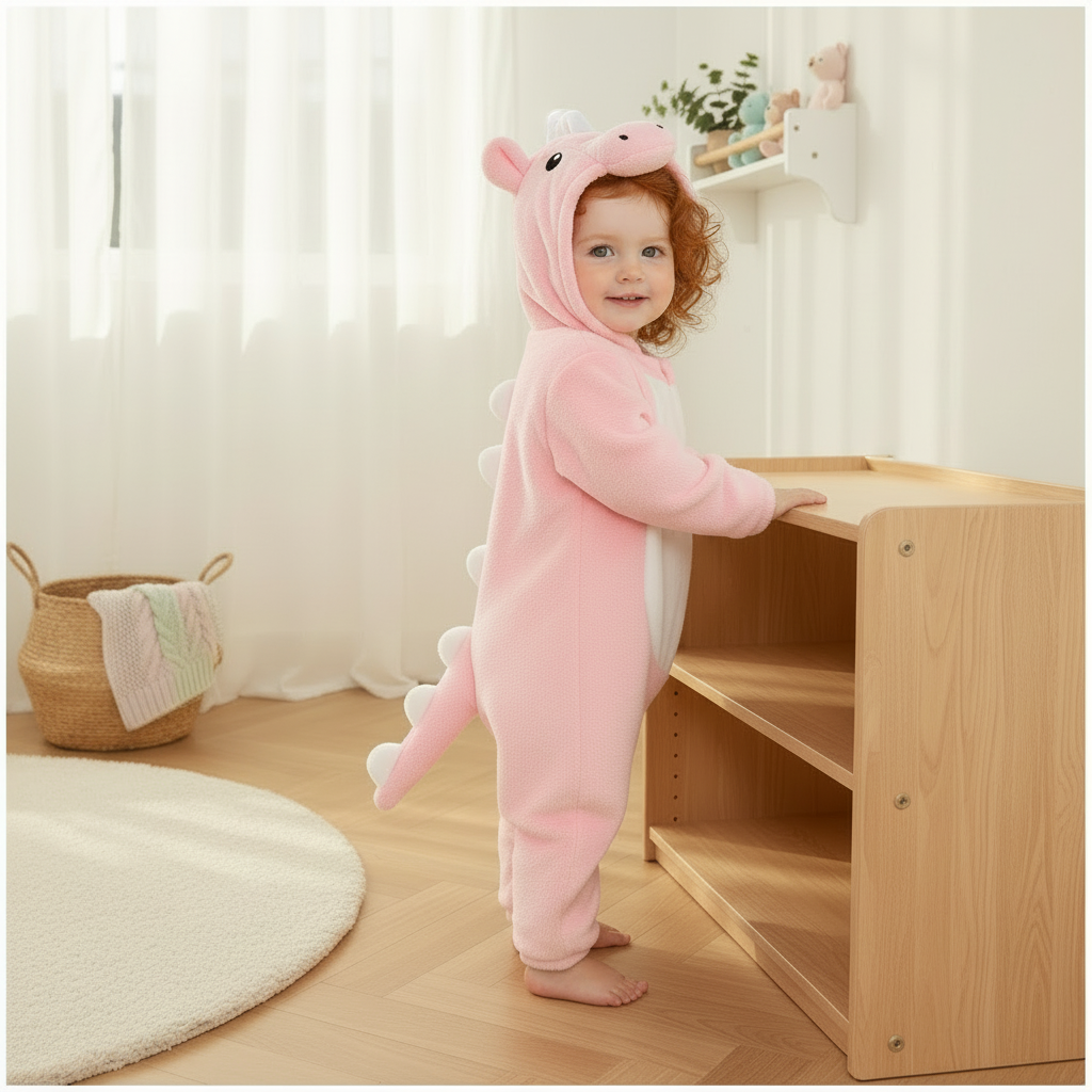 Dinosaure rose – fille rousse – capuche visible – scène scandinave – 1:1