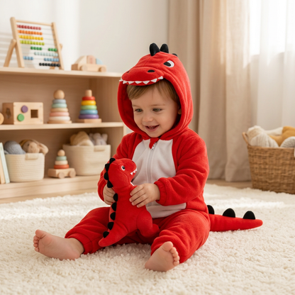 Dinosaure rouge jouant avec sa peluche