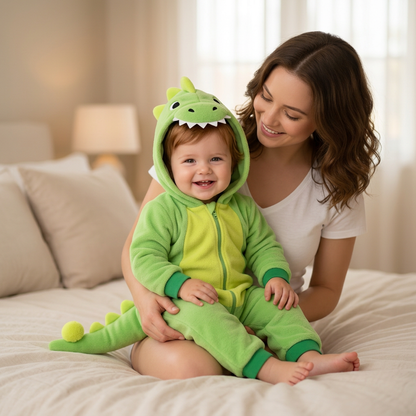 Dinosaure vert clair avec maman sur le lit