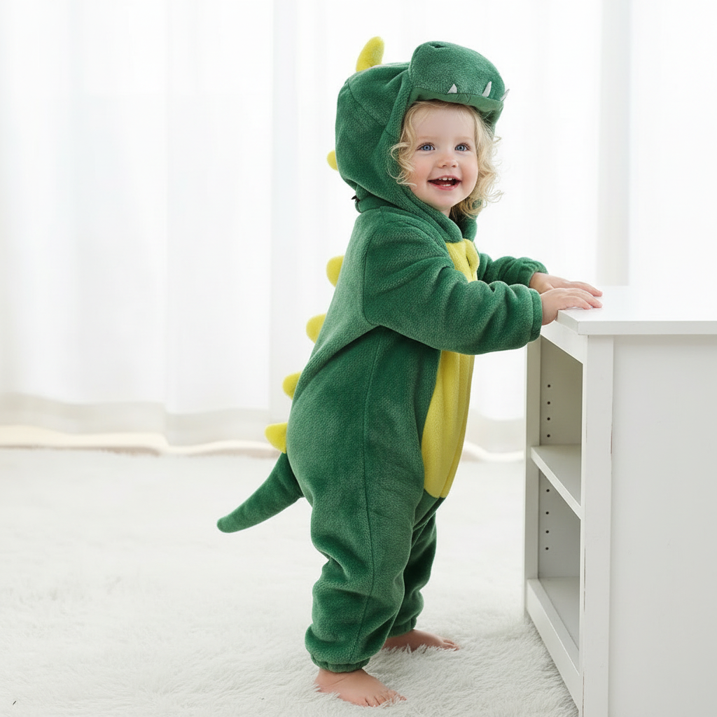 Dinosaure vert – fille blonde – debout – 1:1