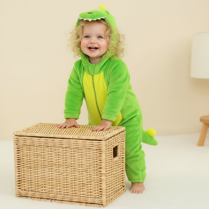 Dinosaure vert – fille blonde – debout – photo unique – 1:1