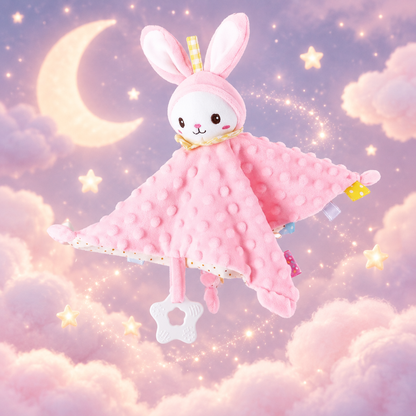 Doudou lapin rose flottant dans un ciel de rêve avec lune et étoiles
