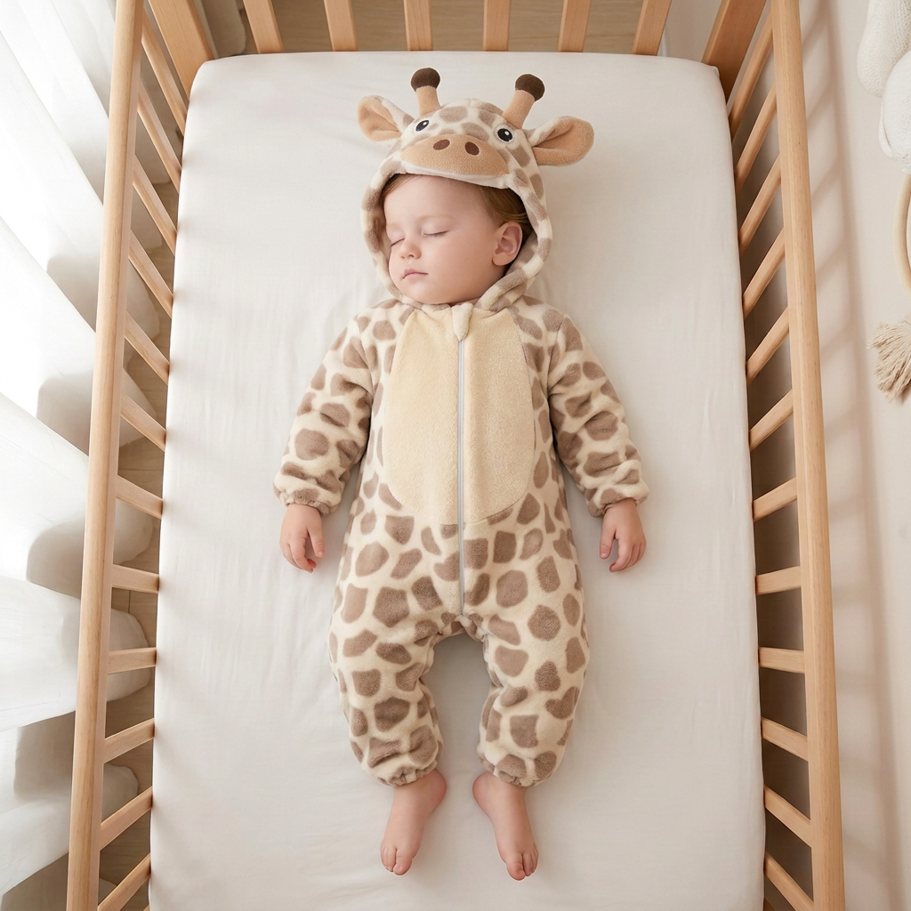 Enfant en pyjama girafe avec la capuche sur la tête