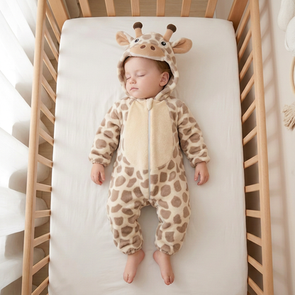 Enfant en pyjama girafe avec la capuche sur la tête
