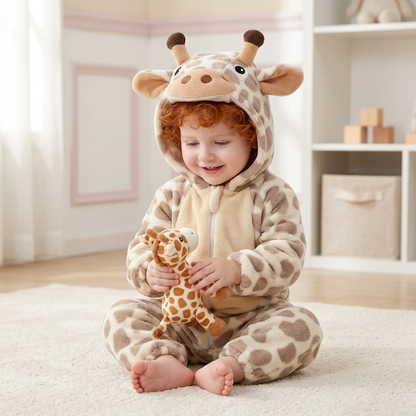 Enfant en pyjama girafe jouant avec une peluche girafe