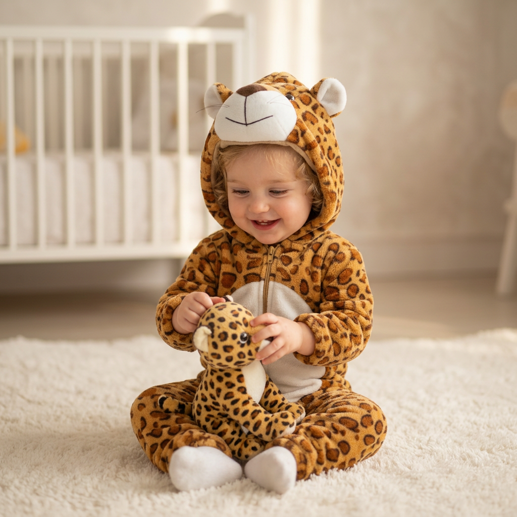 Enfant en pyjama léopard jouant avec une peluche léopard