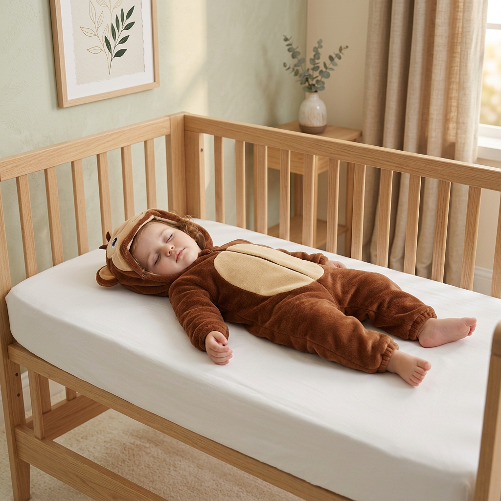 Enfant en pyjama singe endormi dans une chambre chaleureuse