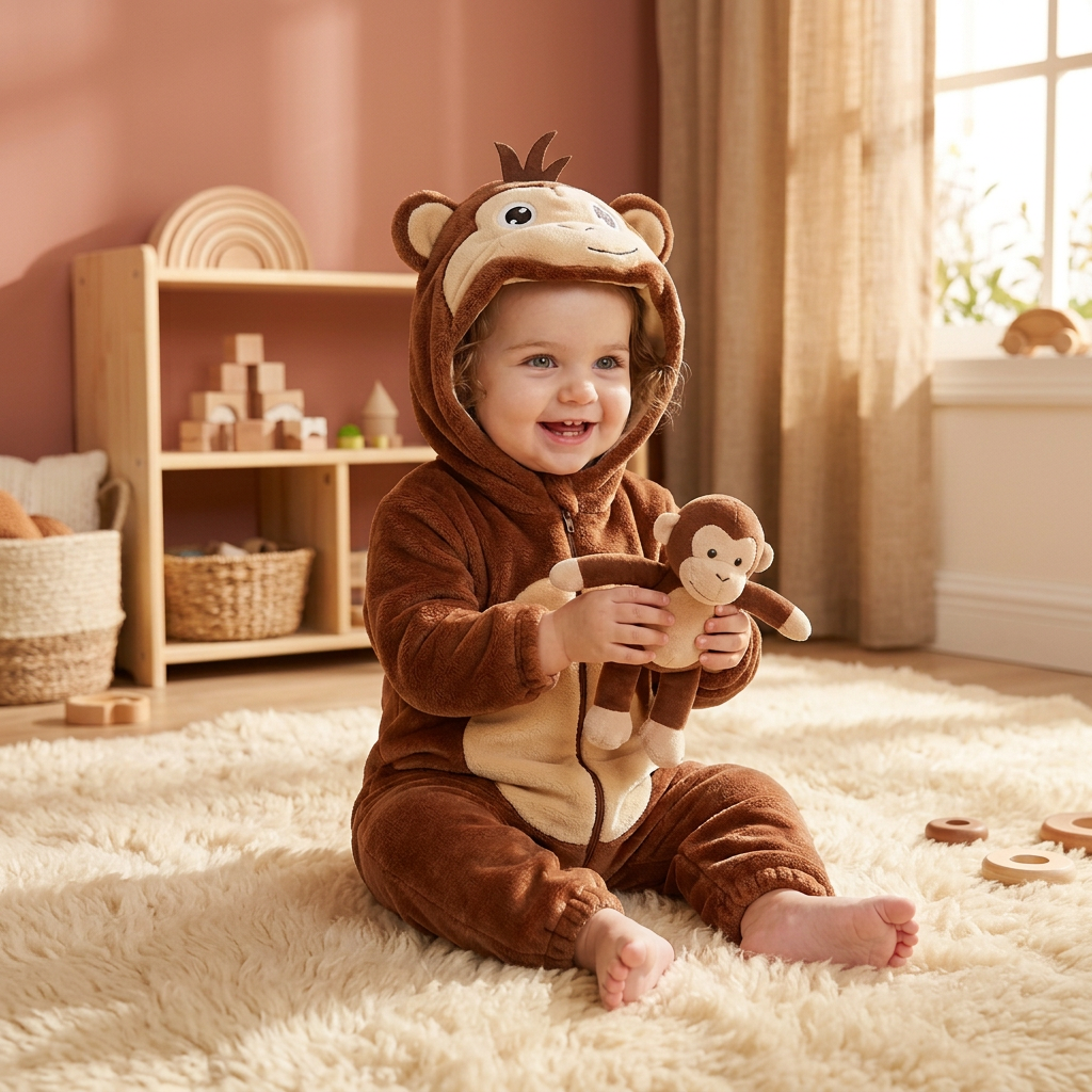 Enfant en pyjama singe jouant sur un tapis moelleux