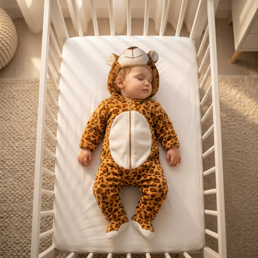 Enfant endormi en pyjama léopard avec la capuche sur la tête