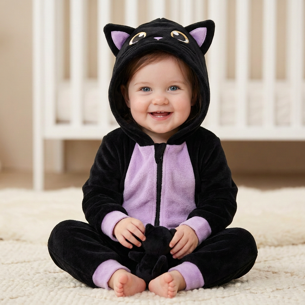 Fille assise en pyjama chat avec un visage différent