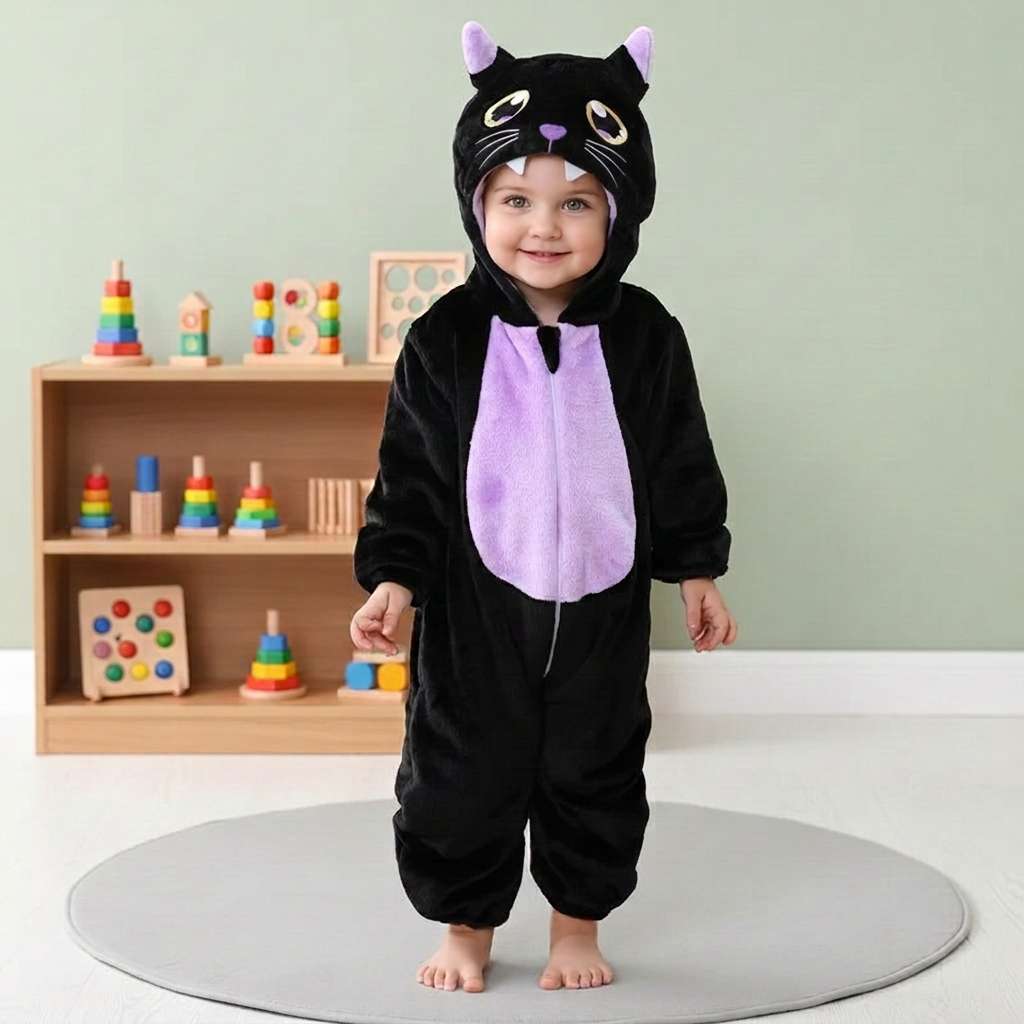 Fille debout avec un nouveau visage en pyjama chat
