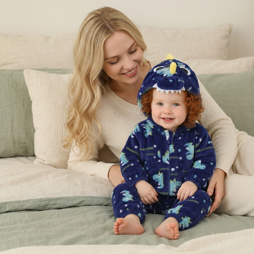 Fille en pyjama bleu avec maman