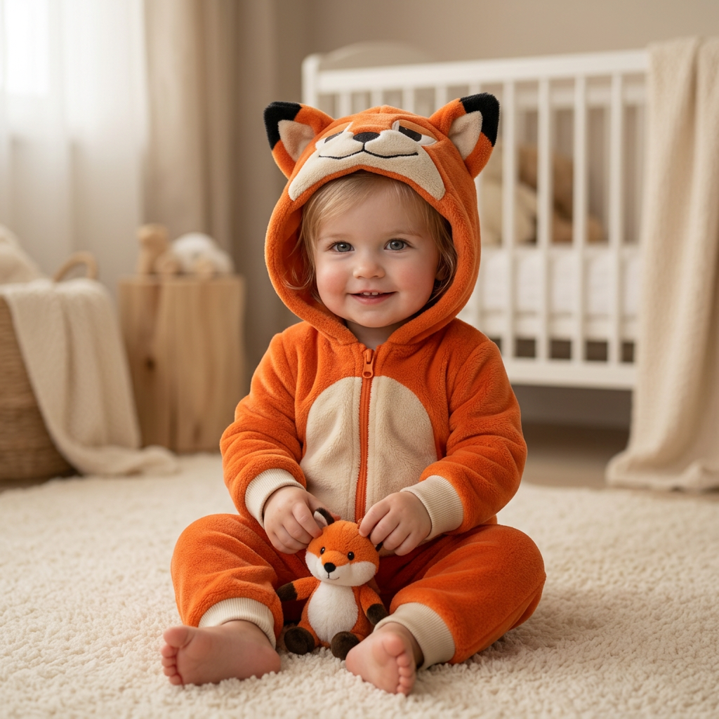 Fille en pyjama renard avec sa petite peluche