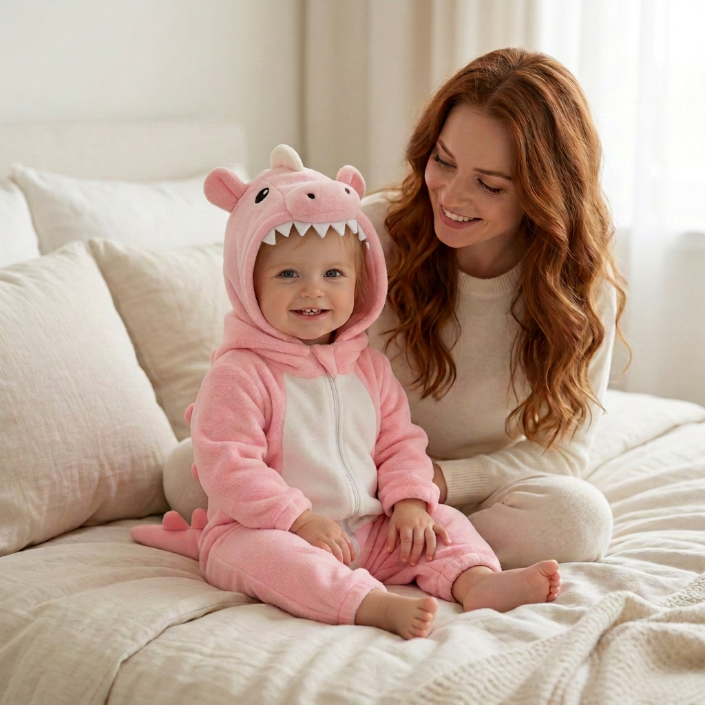 Fille en pyjama rose avec dents blanches