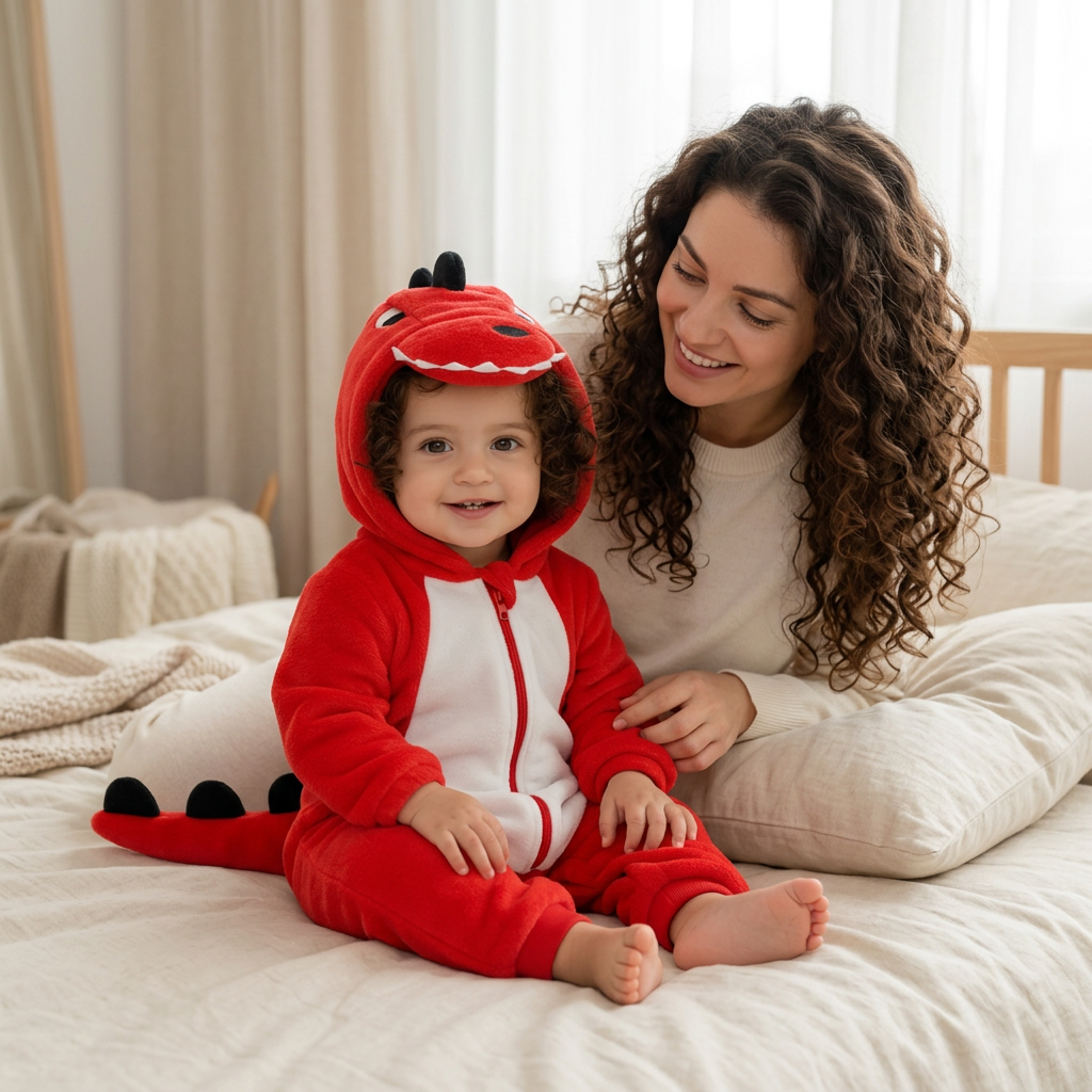 Fille en pyjama rouge avec maman