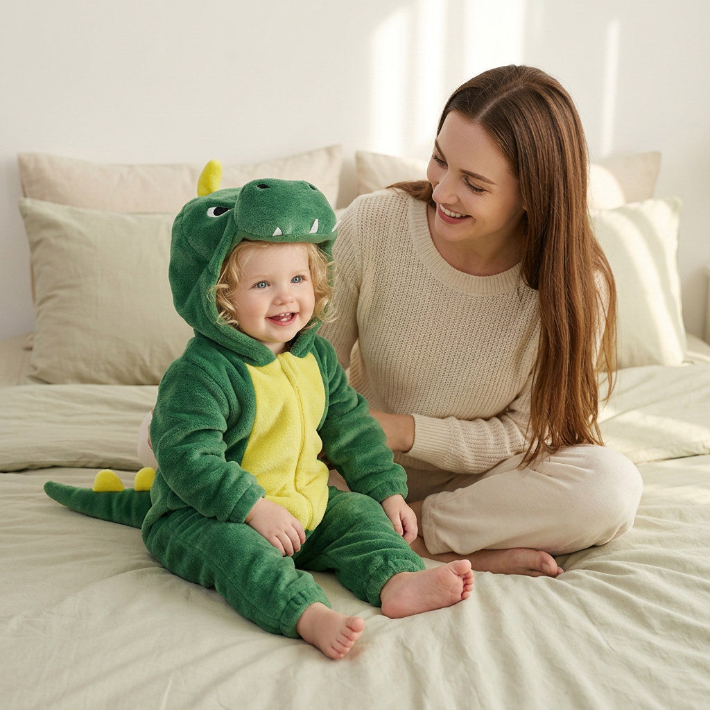 Fille en pyjama vert avec maman