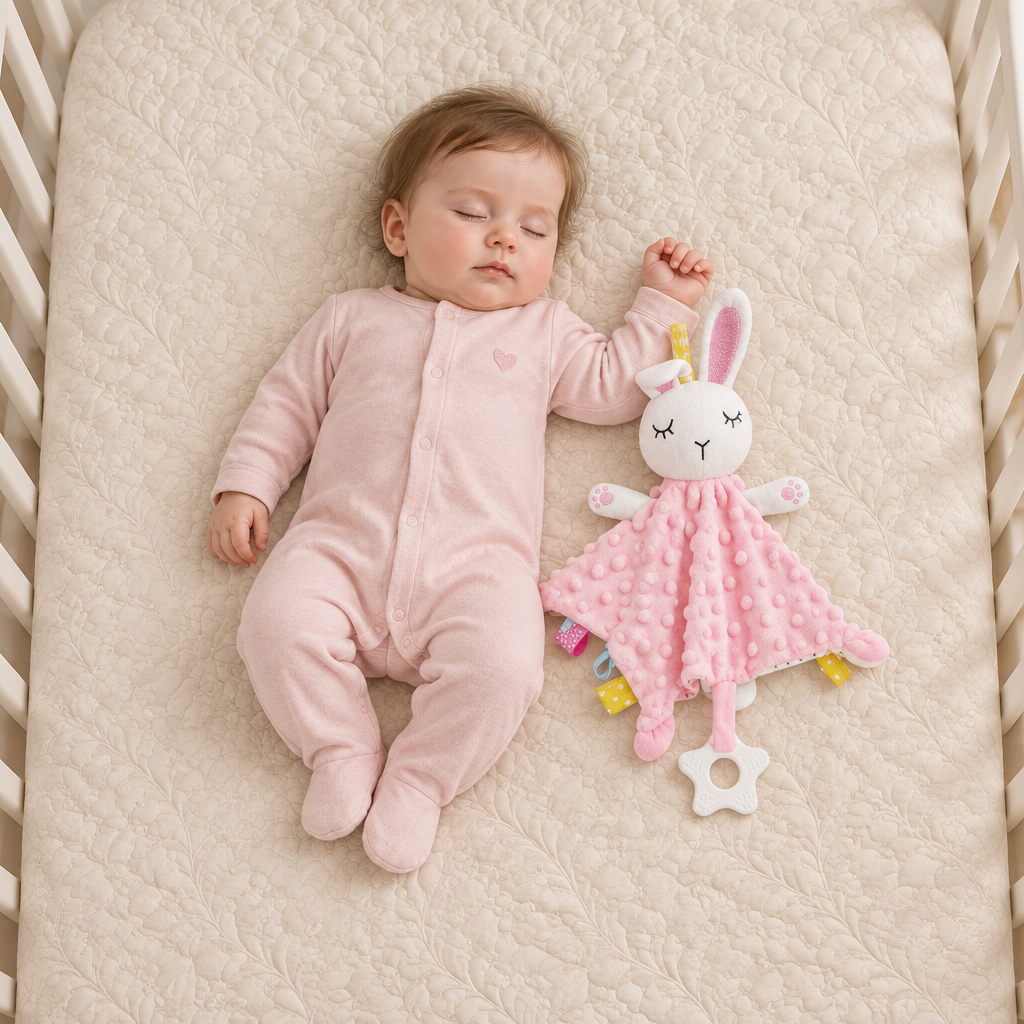 Fille endormie, cadrage resserré, doudou lapin rose à côté